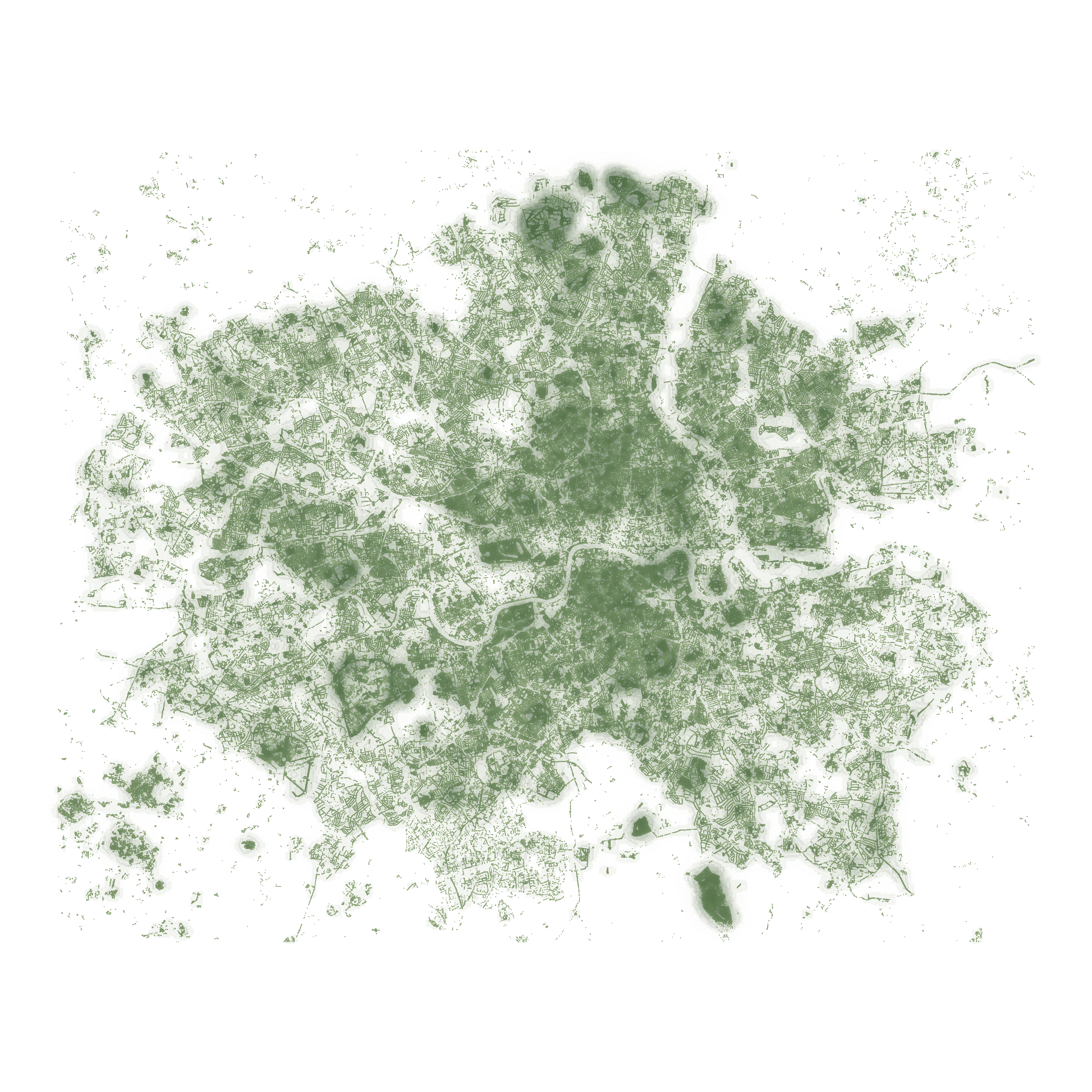 An ink-and-watercolor map of London, drawn from 1,243,273 real tree records. Fine dots trace the city; pigment follows the density of records. Blue brushstrokes fill mapped rivers, harbor waters and ponds.